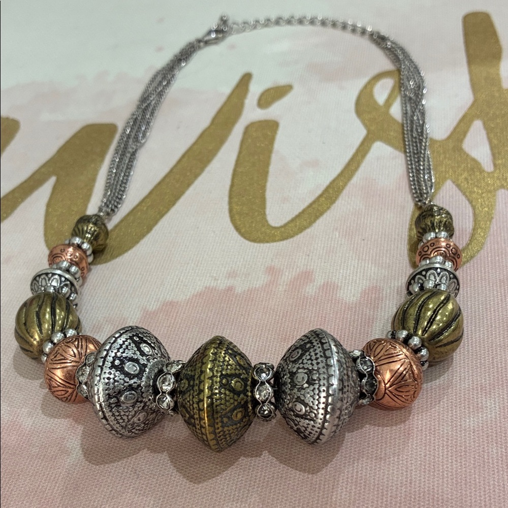 Multi-Tone Beaded Statement Necklace - Silver, Go… - image 1